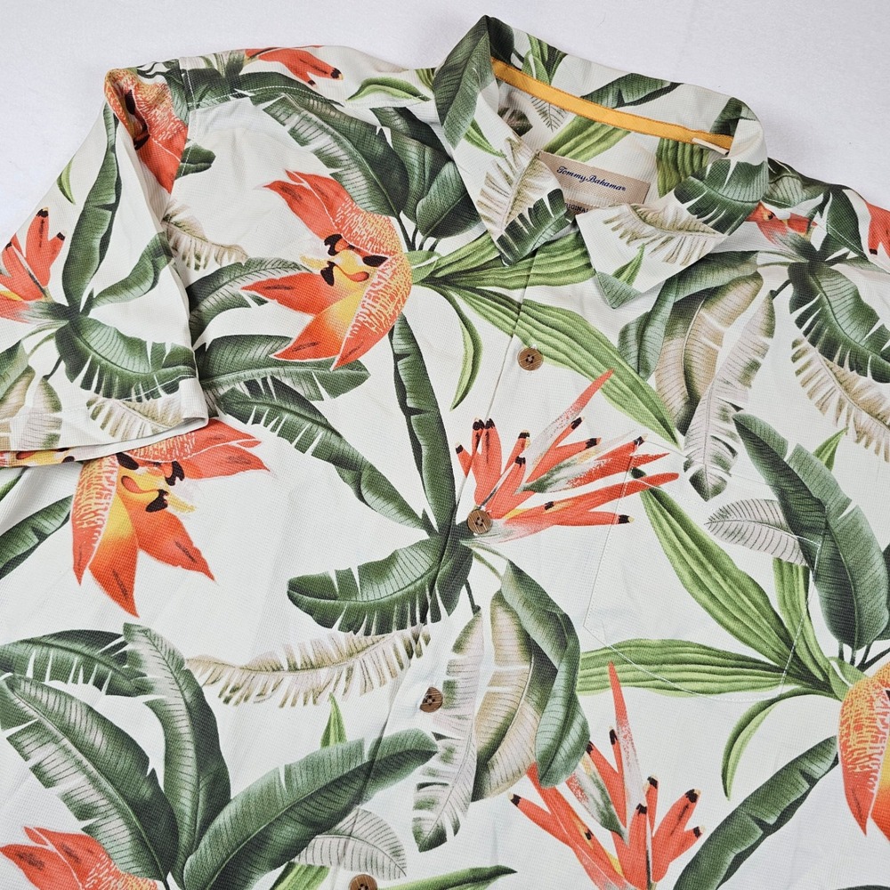 Tommy Bahama Mens XL Silk Tropical Bird of Paradise Palm Print Camp Shirt Cream